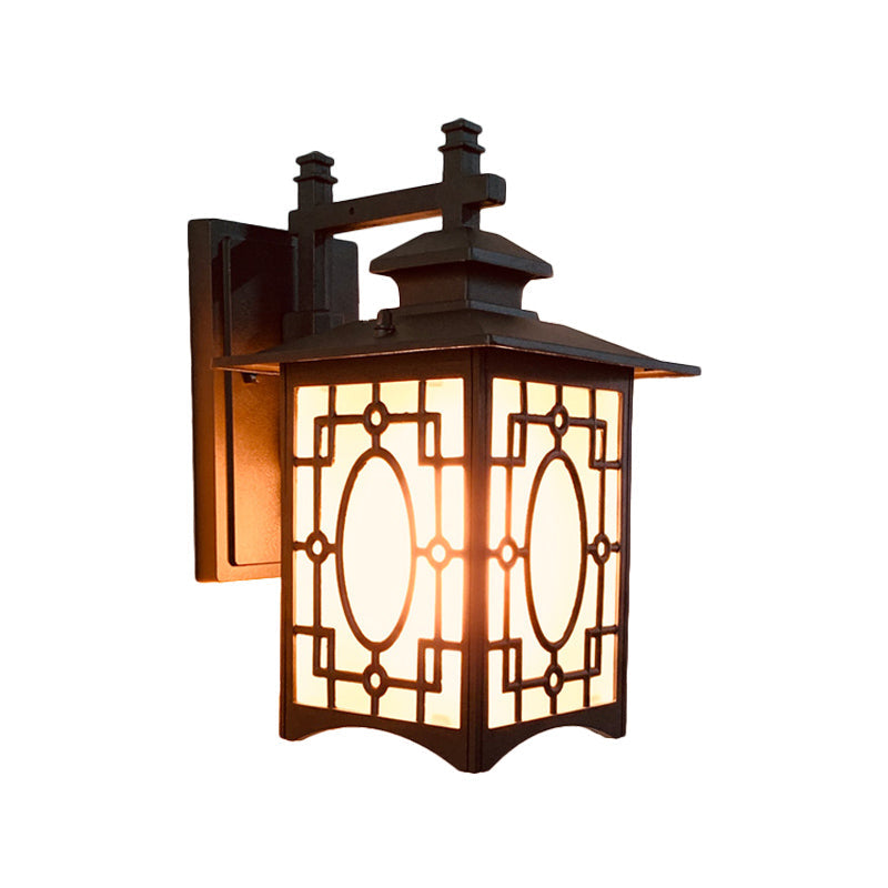 Frendorf | 1 Kop Frosted Glass Wandverlichting Rustiek Zwart/Bronzen Lantaarnvormige Binnenplaats Wandlamp