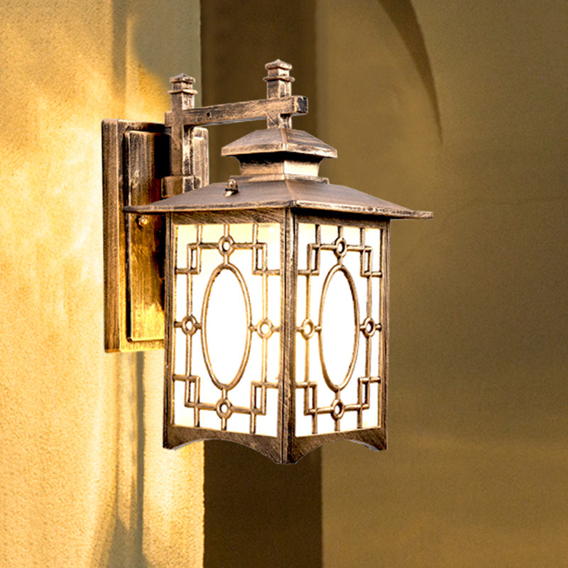 Frendorf | 1 Kop Frosted Glass Wandverlichting Rustiek Zwart/Bronzen Lantaarnvormige Binnenplaats Wandlamp