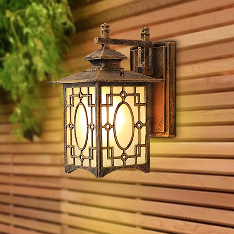 Frendorf | 1 Kop Frosted Glass Wandverlichting Rustiek Zwart/Bronzen Lantaarnvormige Binnenplaats Wandlamp