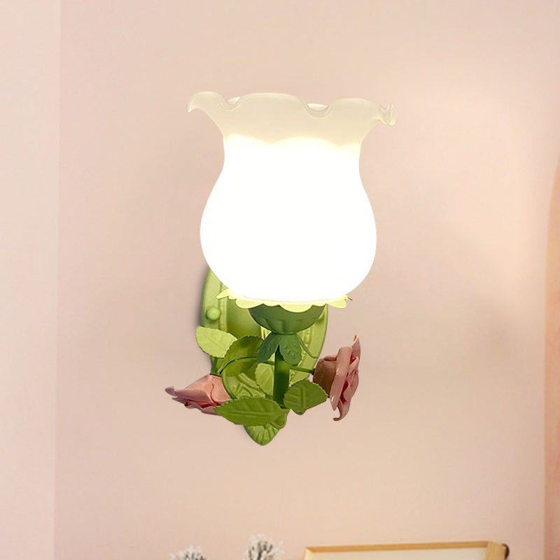 Frendorf | 1 Lichtsconces Lichtarmatuur met Bloem Glas Rustieke Slaapkamer Wandlamp met Bloei Deco in Wit/Groen