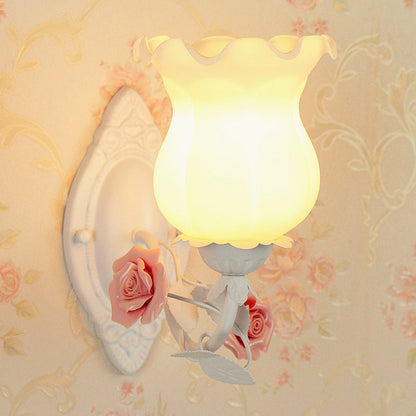 Frendorf | 1 Lichtsconces Lichtarmatuur met Bloem Glas Rustieke Slaapkamer Wandlamp met Bloei Deco in Wit/Groen