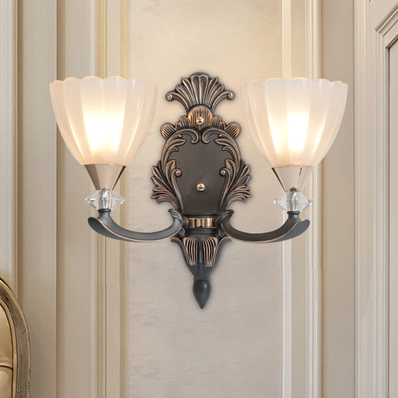 Frendorf | 1/2 Lampen Wandbeleuchtung Idee Vintage Kegel Weiß Rippenglas Wandmontierte Lampe für Wohnzimmer