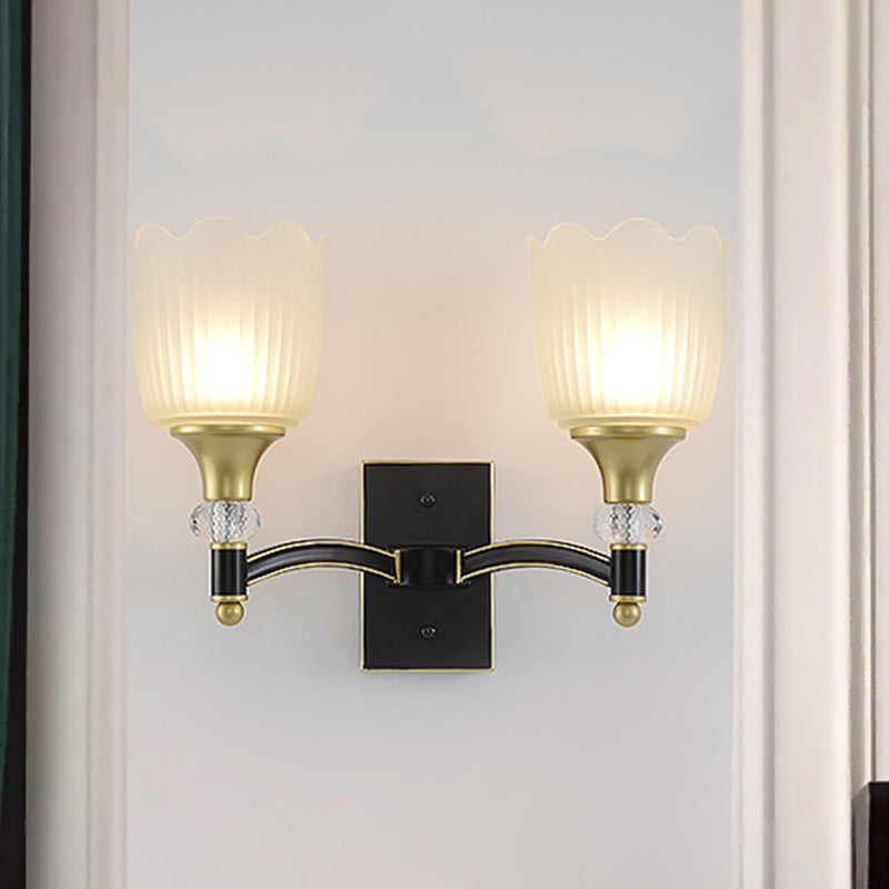 Frendorf | Farmhouse Scalloped Floral Wandverlichting 1/2 Koppen Opal Glas Muurmontage Lamp in Zwart en Goud