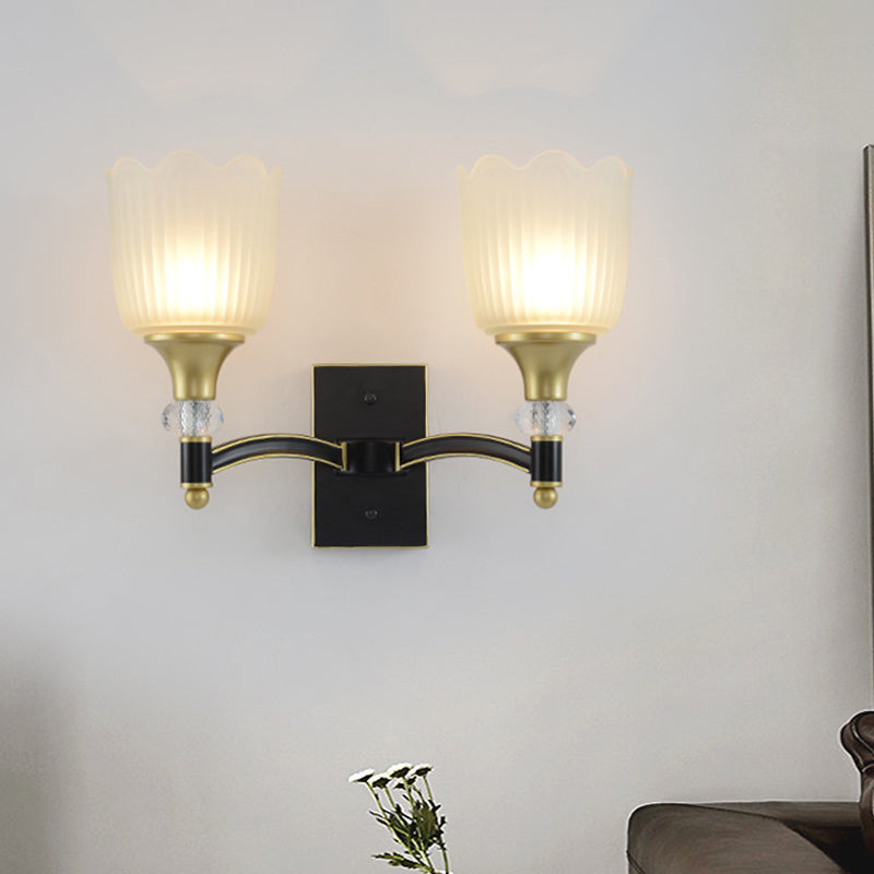 Frendorf | Farmhouse Scalloped Floral Wandverlichting 1/2 Koppen Opal Glas Muurmontage Lamp in Zwart en Goud