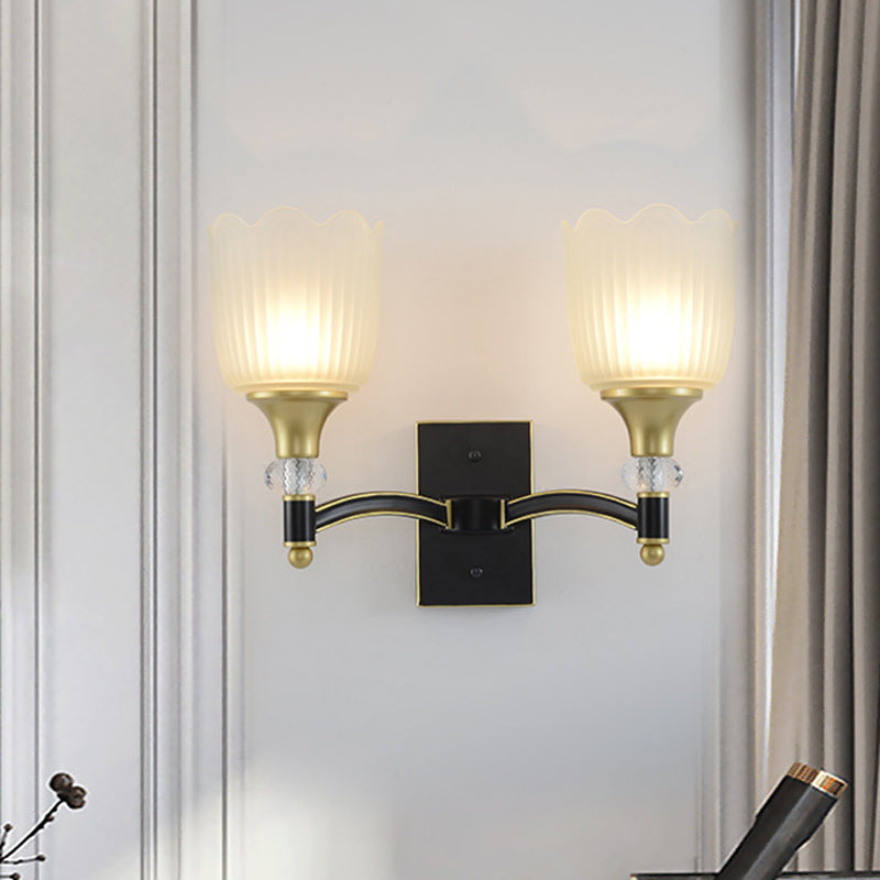 Frendorf | Farmhouse Scalloped Floral Wandverlichting 1/2 Koppen Opal Glas Muurmontage Lamp in Zwart en Goud
