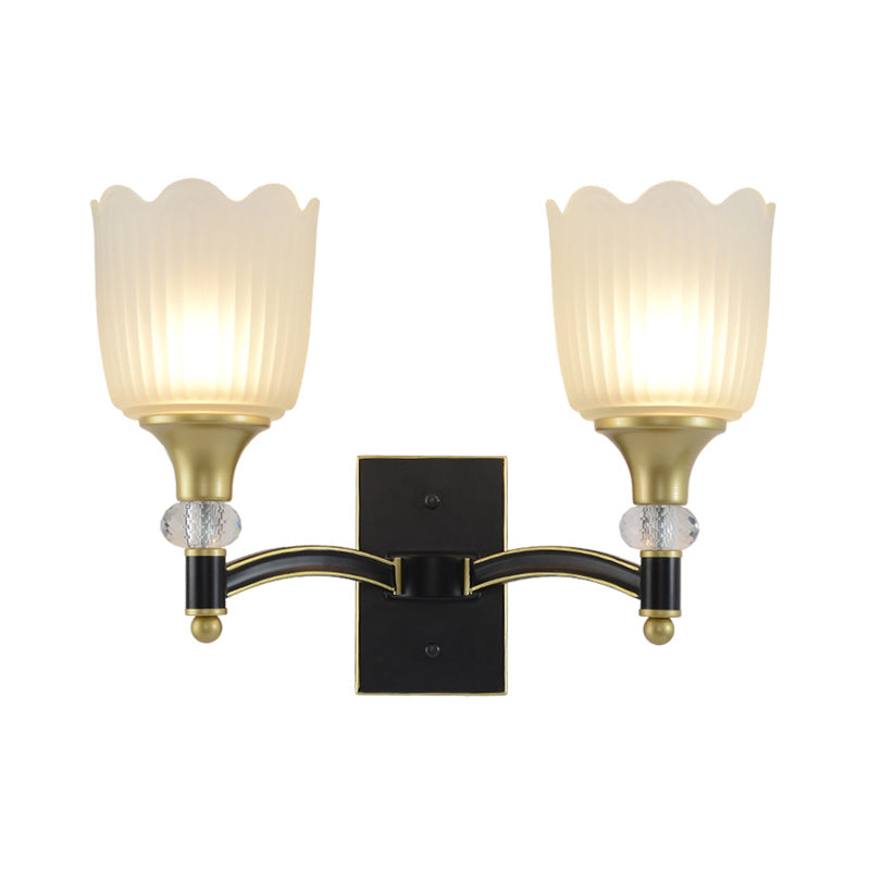 Frendorf | Farmhouse Scalloped Floral Wandverlichting 1/2 Koppen Opal Glas Muurmontage Lamp in Zwart en Goud