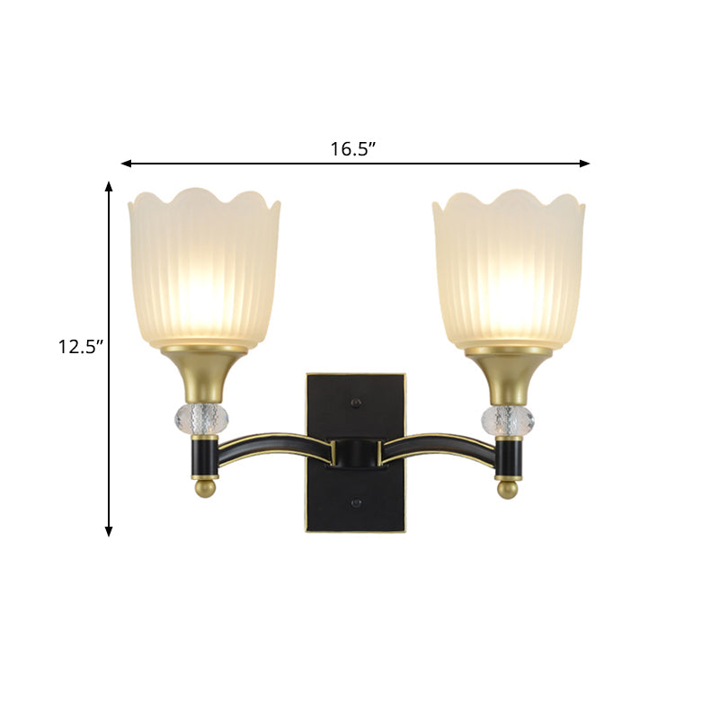 Frendorf | Farmhouse Scalloped Floral Wandverlichting 1/2 Koppen Opal Glas Muurmontage Lamp in Zwart en Goud