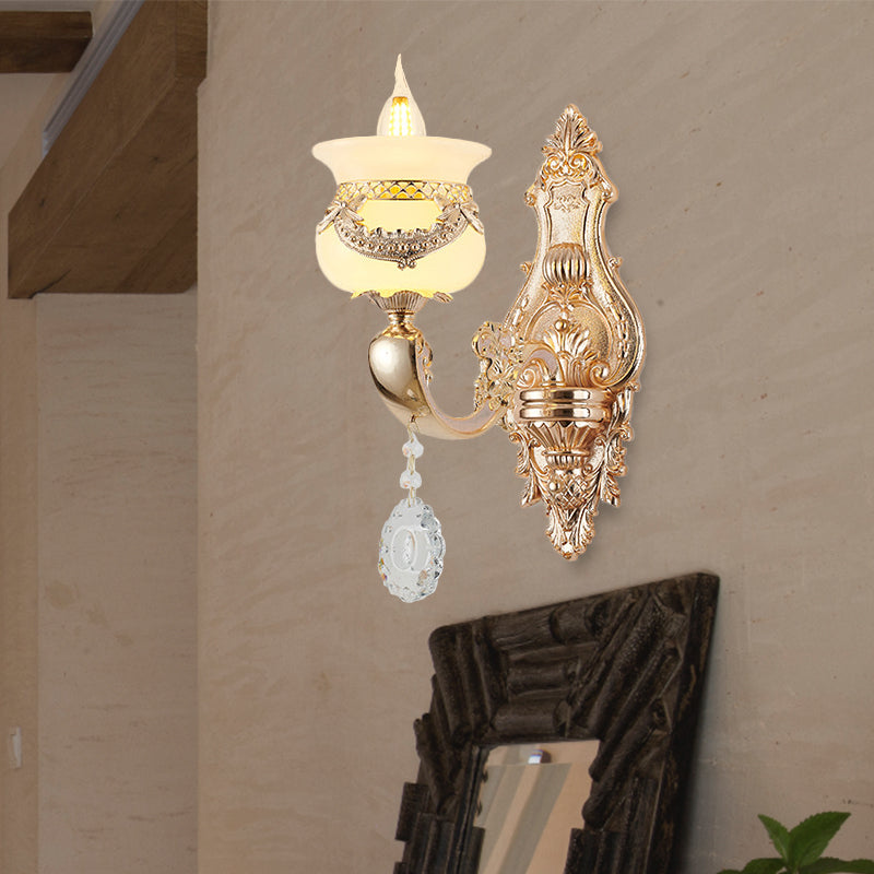Gold Kerzenhalter Wandleuchte Traditionell Jade 1/2-Licht Wohnzimmer Wandlicht mit hängendem Kristall