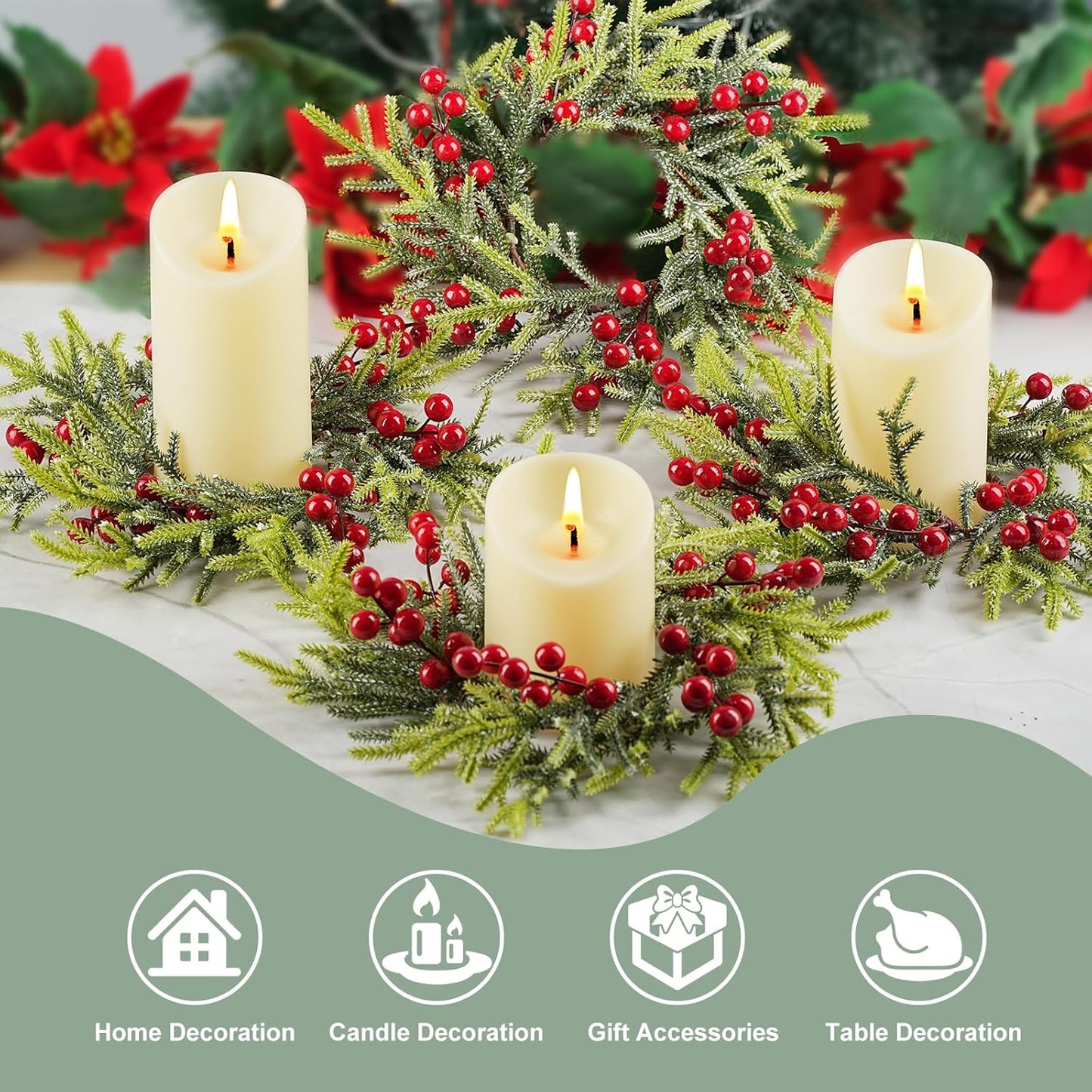 Frendorf | Berried Foliage Kerzenring 11 cm Festliche Grünkranz für Tischdeko, Feiertagsmittelpunkte, Rustikale Weihnachtsakzente, Künstlicher Beeren- und Blätterring für Teelichter und Stumpenkerzen