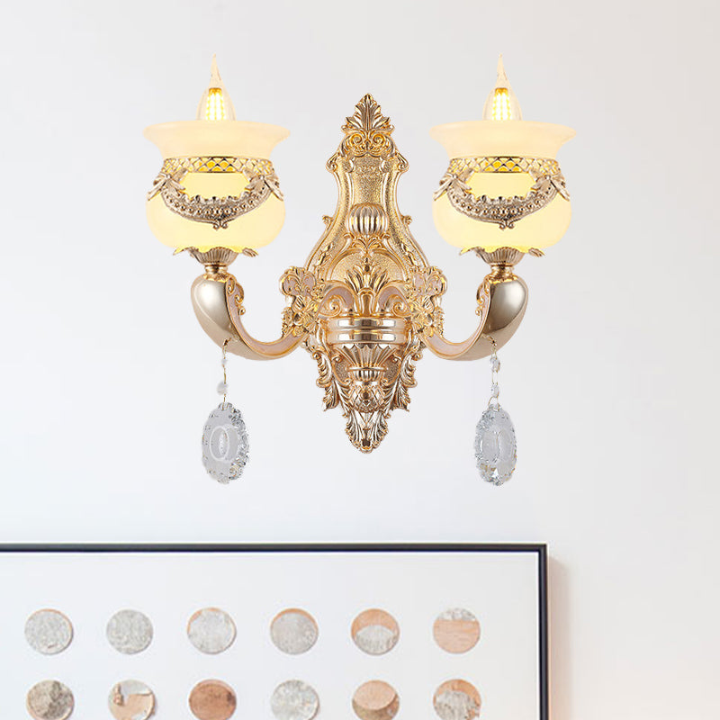 Gold Kerzenhalter Wandleuchte Traditionell Jade 1/2-Licht Wohnzimmer Wandlicht mit hängendem Kristall