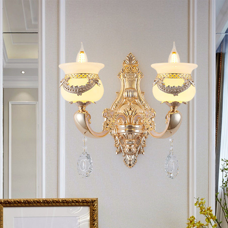Gold Kerzenhalter Wandleuchte Traditionell Jade 1/2-Licht Wohnzimmer Wandlicht mit hängendem Kristall