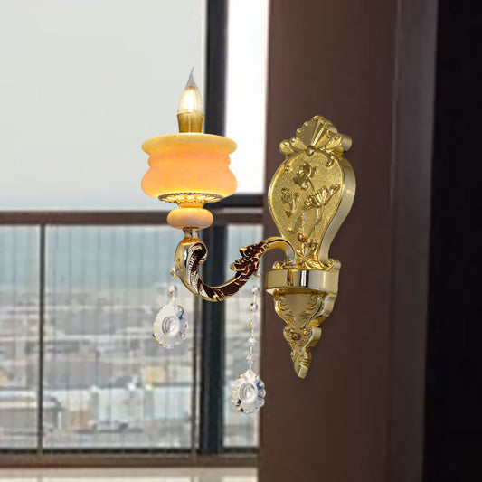 Frendorf | 1/2-Bulb Candelabra Wandlamp Traditionalisme Goud Jade Muur Lamp met Kristal Hangertje