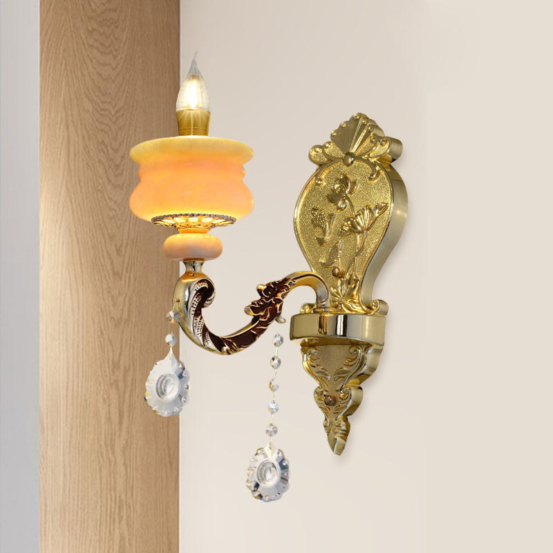 1/2-Birnen Kerzenhalter Wandleuchte Traditionalismus Gold Jade Wandleuchte mit Kristallanhänger