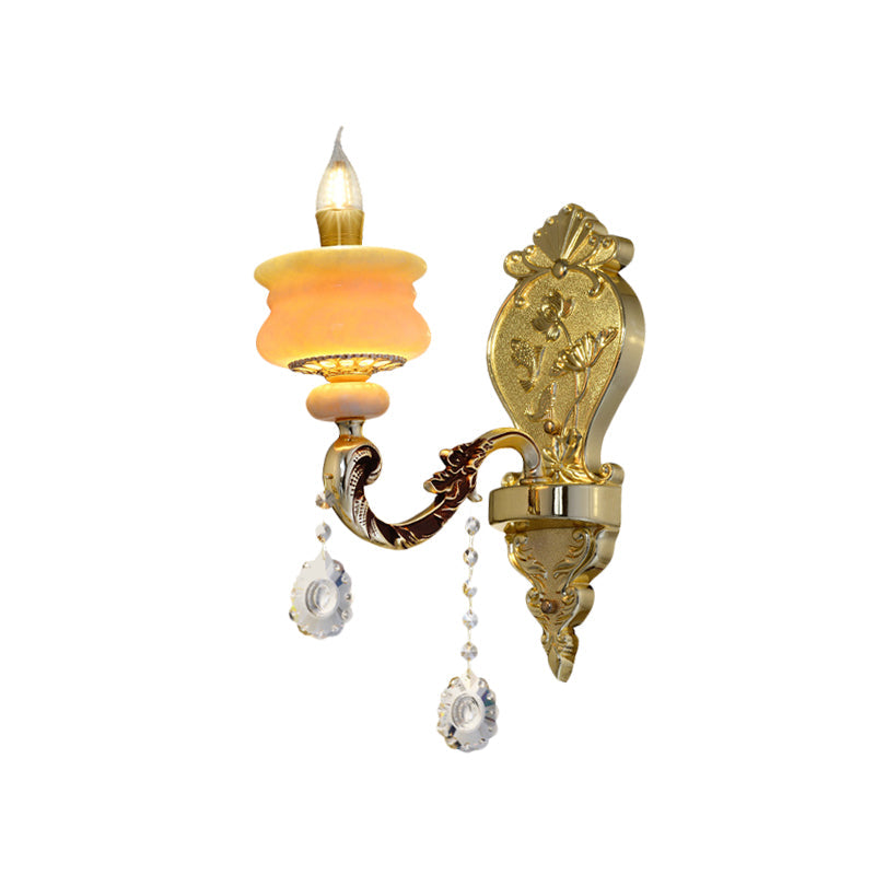 1/2-Birnen Kerzenhalter Wandleuchte Traditionalismus Gold Jade Wandleuchte mit Kristallanhänger