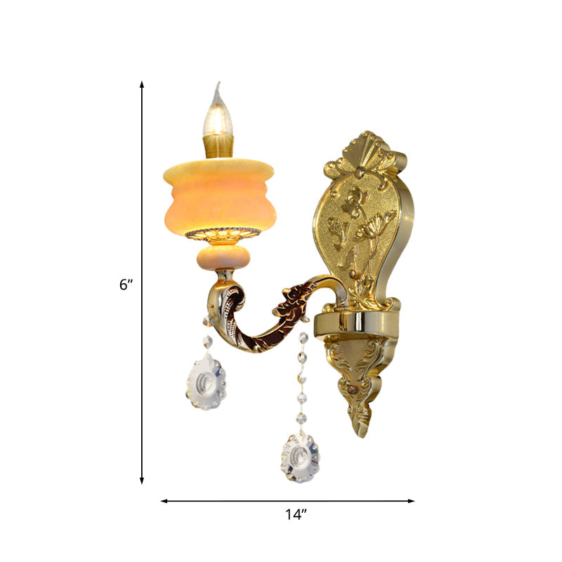 Frendorf | 1/2-Bulb Candelabra Wandlamp Traditionalisme Goud Jade Muur Lamp met Kristal Hangertje