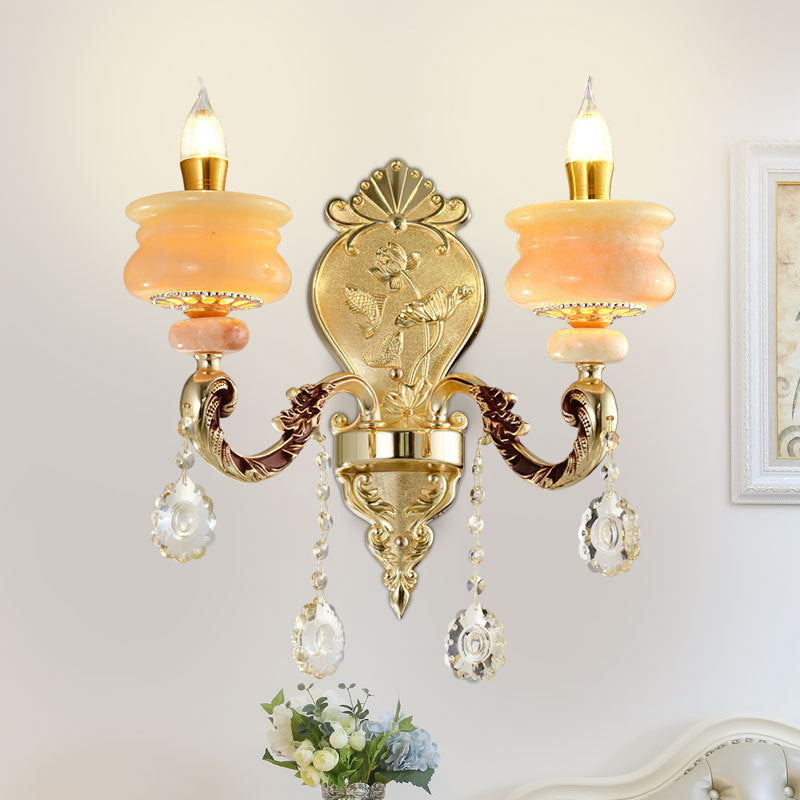 1/2-Birnen Kerzenhalter Wandleuchte Traditionalismus Gold Jade Wandleuchte mit Kristallanhänger