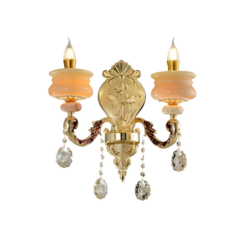 1/2-Birnen Kerzenhalter Wandleuchte Traditionalismus Gold Jade Wandleuchte mit Kristallanhänger