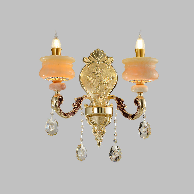 1/2-Birnen Kerzenhalter Wandleuchte Traditionalismus Gold Jade Wandleuchte mit Kristallanhänger