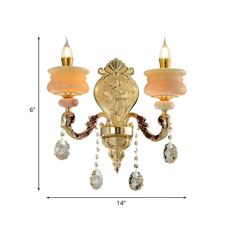 1/2-Birnen Kerzenhalter Wandleuchte Traditionalismus Gold Jade Wandleuchte mit Kristallanhänger