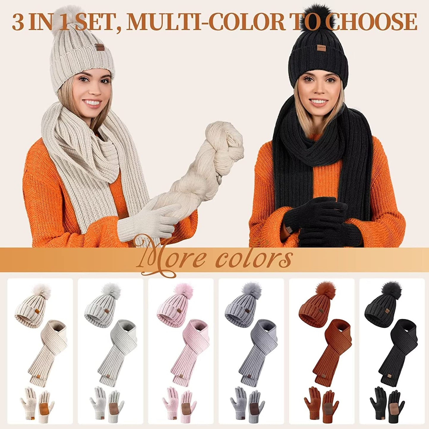 Frendorf | Damen Beanie mit Pom Pom Lange Schal Halswärmer Touchscreen Handschuhe 3 in 1 Set