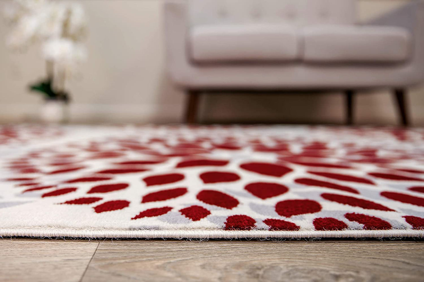 Frendorf | BloomNove Elegance Teppich | Grau & Rot | Blumendesign | Pflegeleicht & Modern