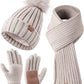 Frendorf | Damen Beanie mit Pom Pom Lange Schal Halswärmer Touchscreen Handschuhe 3 in 1 Set