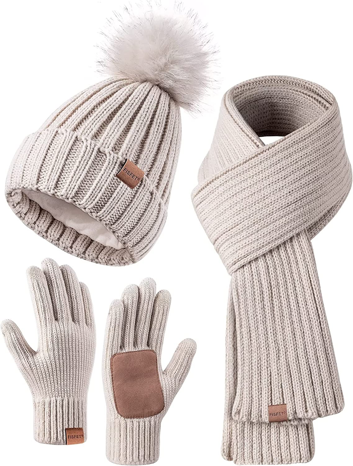 Frendorf | Damen Beanie mit Pom Pom Lange Schal Halswärmer Touchscreen Handschuhe 3 in 1 Set
