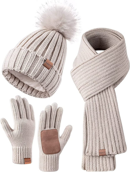 Frendorf | Damen Beanie mit Pom Pom Lange Schal Halswärmer Touchscreen Handschuhe 3 in 1 Set