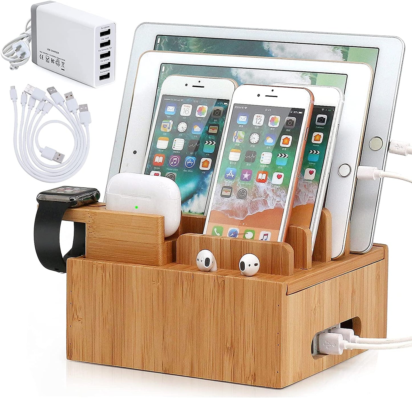 Frendorf | Ladestation für mehrere Geräte (inklusive 5-Port-USB-Ladegerät, 5-Pack-Kabel, Smartwatch- und Ohrhörerständer)