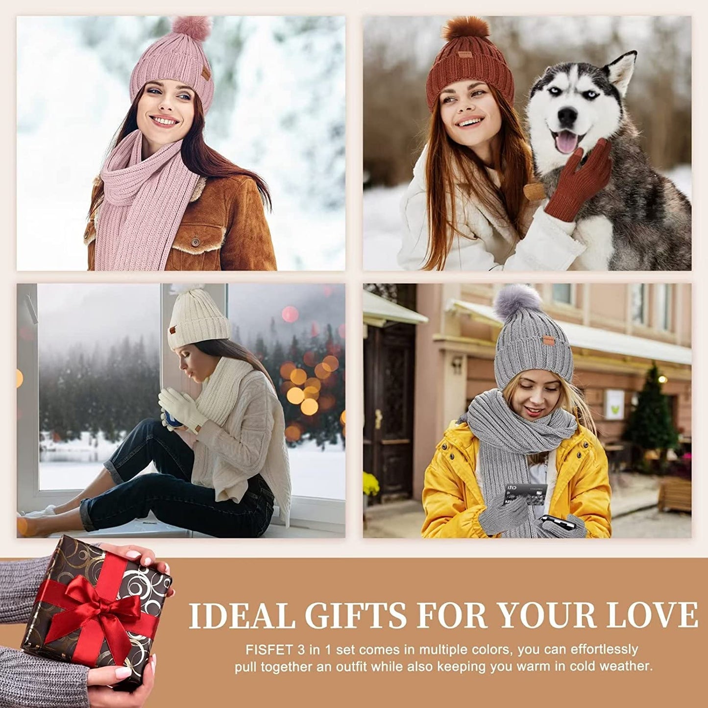 Frendorf | Damen Beanie mit Pom Pom Lange Schal Halswärmer Touchscreen Handschuhe 3 in 1 Set