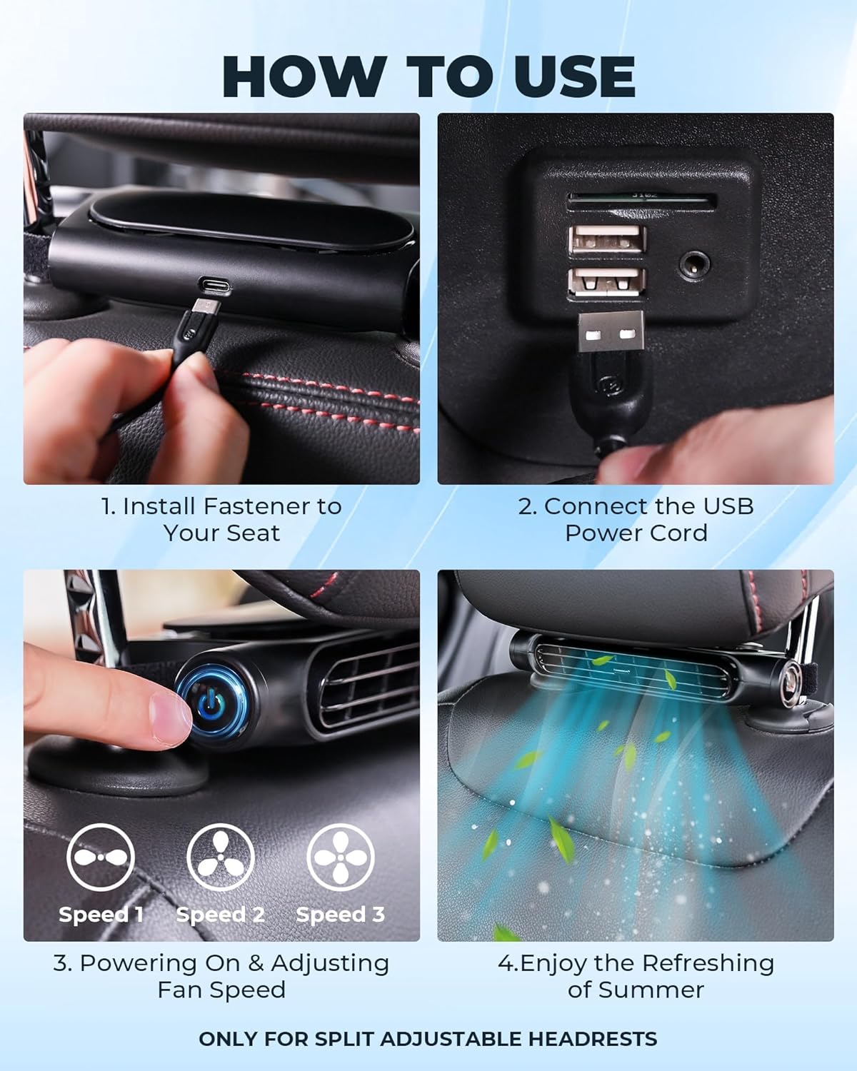 Frendorf | 3 Geschwindigkeiten USB Auto Kühlventilator & Kopfstützenhalterung – AutoBreeze (1+1 KOSTENLOS)