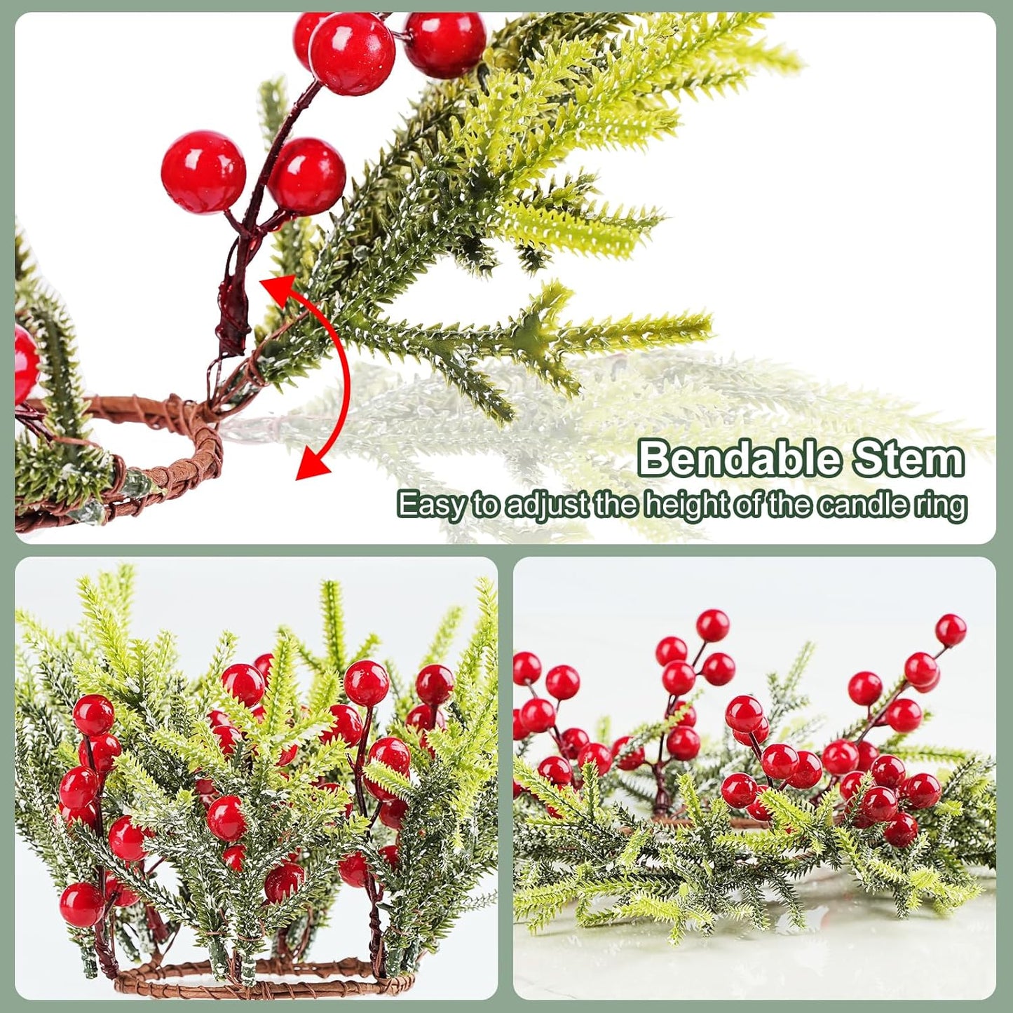 Frendorf | Berried Foliage Kerzenring 11 cm Festliche Grünkranz für Tischdeko, Feiertagsmittelpunkte, Rustikale Weihnachtsakzente, Künstlicher Beeren- und Blätterring für Teelichter und Stumpenkerzen