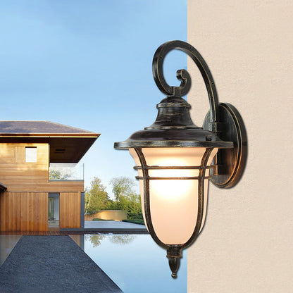 Frendorf | Swooping Arm Outdoor Sconce Light Countryside Cream Glass 1-Head Black Wall Lamp