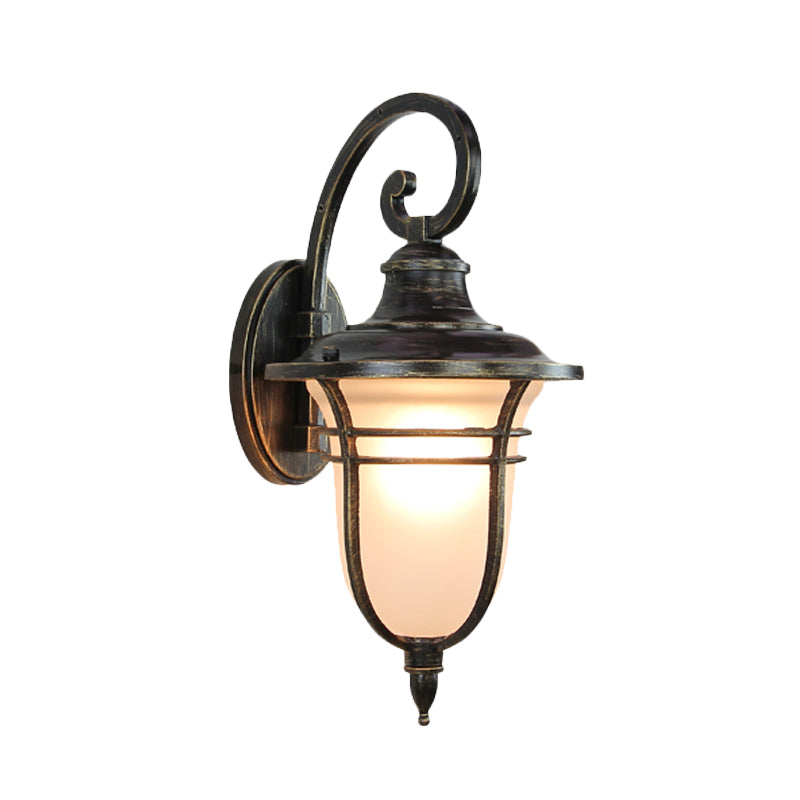 Frendorf | Swooping Arm Outdoor Sconce Light Countryside Cream Glass 1-Head Black Wall Lamp