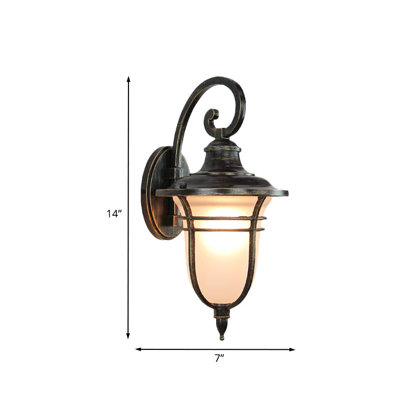 Frendorf | Swooping Arm Outdoor Sconce Light Countryside Cream Glass 1-Head Black Wall Lamp
