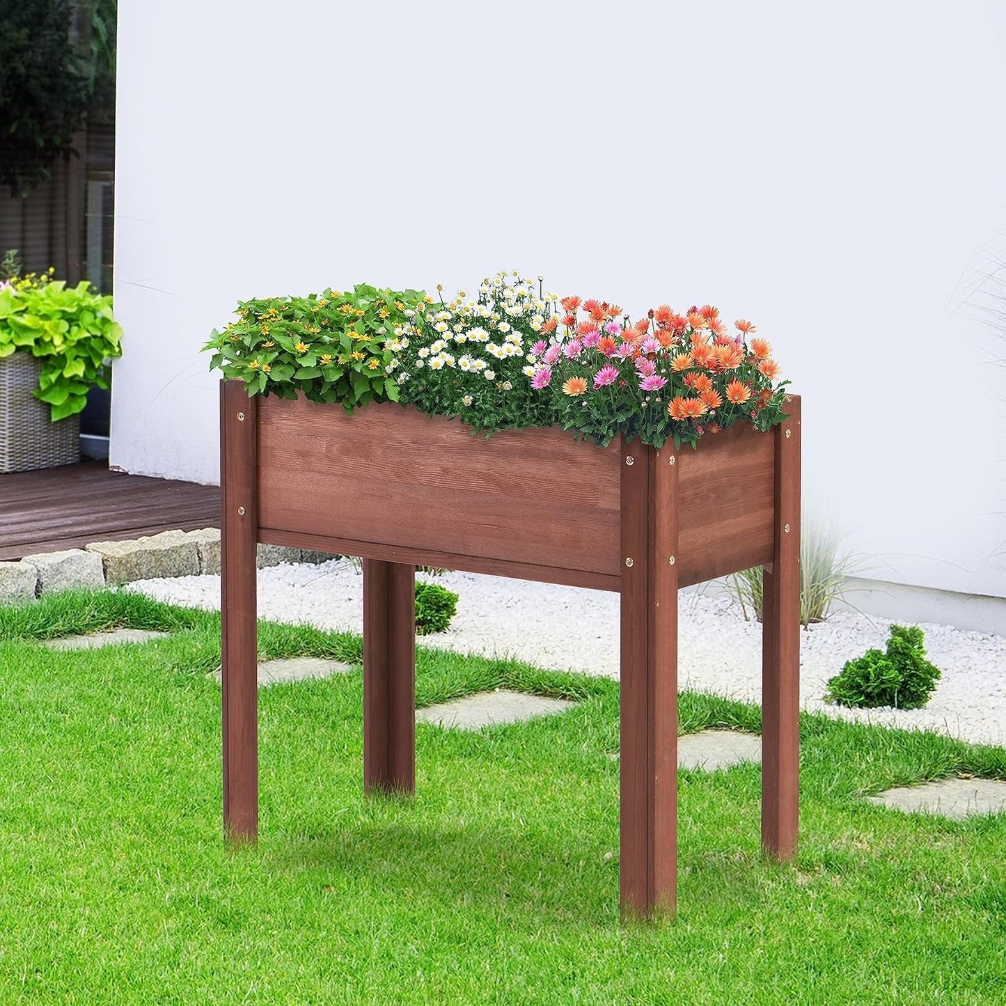 Frendorf | 31X31X16 Zoll Erhöhter Gartenbeet mit Beinen, Erhöhte Holzpflanzbox für Outdoor-Pflanzen Blumen Früchte Gemüse Kräuter Anbau