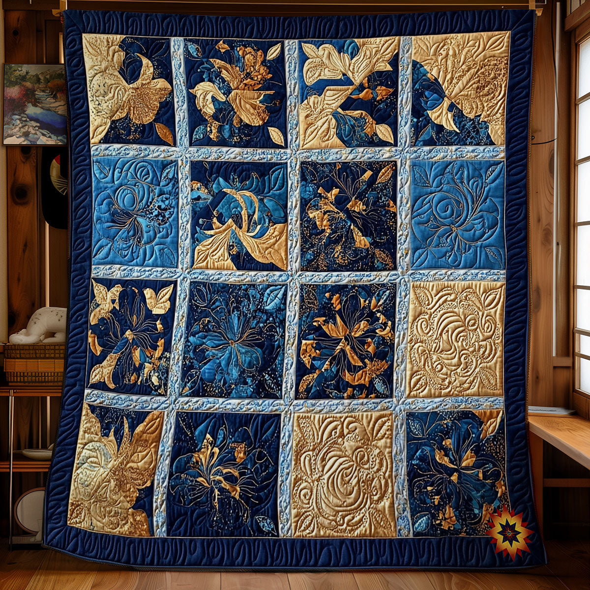 Gold und Marineblau Quilt