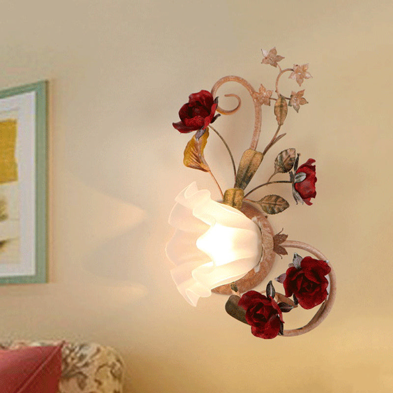 Frendorf | 1 Glühbirne Blumen Wandlampe Amerikanische Blume Rot Braun Mattiertes Weißes Glas Wandleuchte, Links/Rechts