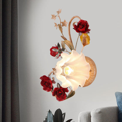 Frendorf | 1 Glühbirne Blumen Wandlampe Amerikanische Blume Rot Braun Mattiertes Weißes Glas Wandleuchte, Links/Rechts