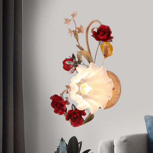 Frendorf | 1 Glühbirne Blumen Wandlampe Amerikanische Blume Rot Braun Mattiertes Weißes Glas Wandleuchte, Links/Rechts