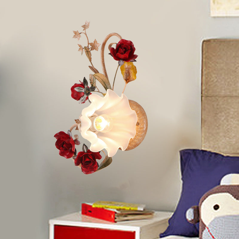 Frendorf | 1 Glühbirne Blumen Wandlampe Amerikanische Blume Rot Braun Mattiertes Weißes Glas Wandleuchte, Links/Rechts