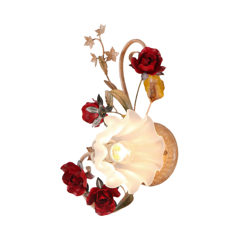 Frendorf | 1 Glühbirne Blumen Wandlampe Amerikanische Blume Rot Braun Mattiertes Weißes Glas Wandleuchte, Links/Rechts