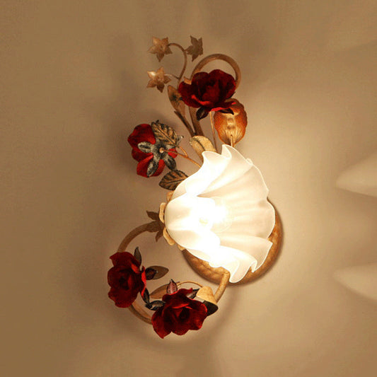 Frendorf | 1 Glühbirne Blumen Wandlampe Amerikanische Blume Rot Braun Mattiertes Weißes Glas Wandleuchte, Links/Rechts