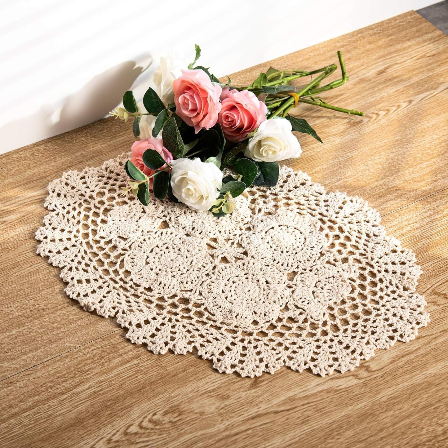 Frendorf | 2-Teilig Handgefertigte Baumwolle Häkel-Untersetzer Ovale Spitze Tischplatzsets 12 X 17 Zoll, Beige