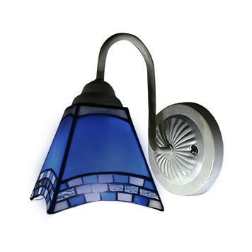 Frendorf | 1 Kopf Wohnzimmer Wandleuchte Mediterran Weiße Wandlampe mit Pyramide Blauem Glasschirm