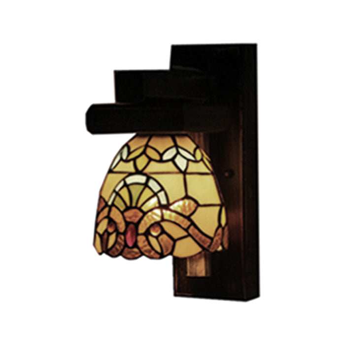 Frendorf | Viktorianische Rustikale Kuppel Wandlampe mit Holzschwarzplatte 1 Licht Buntglas Wandlicht