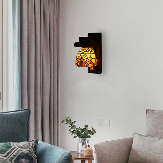 Frendorf | Viktorianische Rustikale Kuppel Wandlampe mit Holzschwarzplatte 1 Licht Buntglas Wandlicht