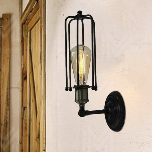 Frendorf | 1 Kopfbodenlampe Vintage Industrie Tubus Käfig Schattierung Metall Mini Wandlicht Fixture in Schwarz für Korridor