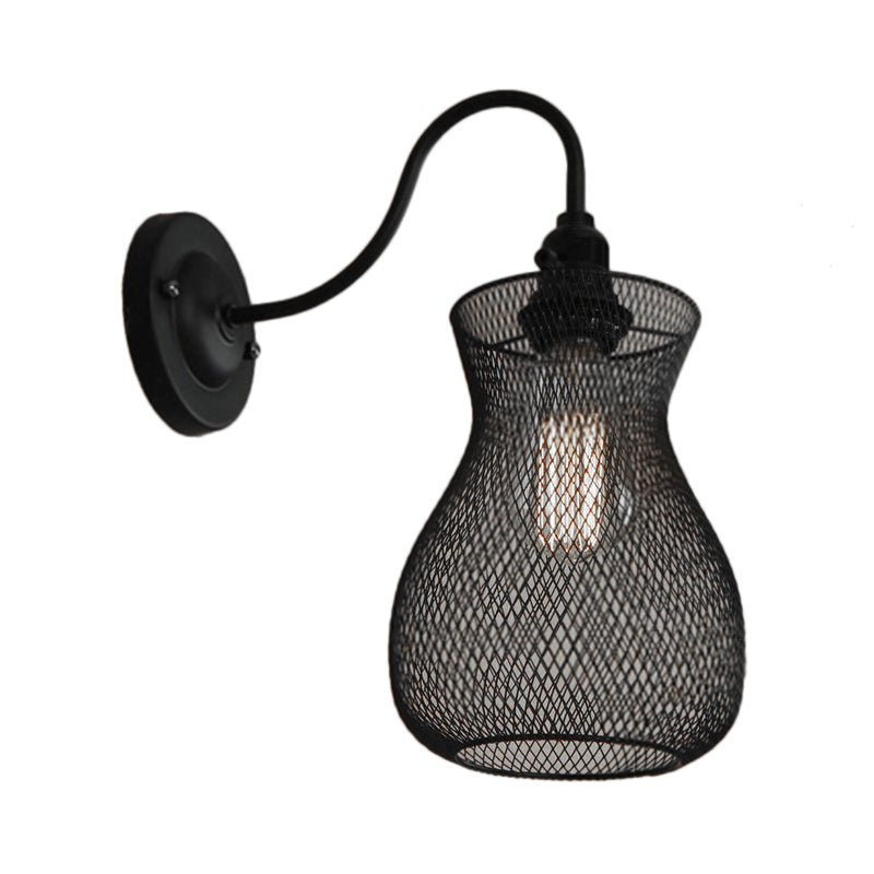 Frendorf | 1 Glühbirnen Vase Form Wand Sconce mit Mesh-Schirm Industriestil Schwarz Metall Wandleuchte für Flur