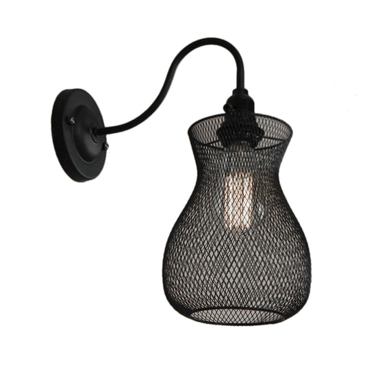 Frendorf | 1 Glühbirnen Vase Form Wand Sconce mit Mesh-Schirm Industriestil Schwarz Metall Wandleuchte für Flur